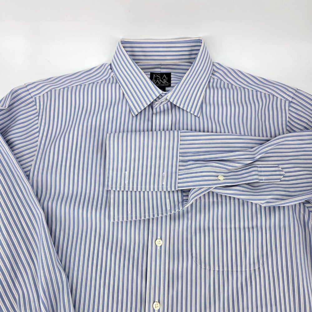 Jos A Bank Shirt Mens 16 34 Slim Fit Blue White Stripe Traveler French Cuff Y2K